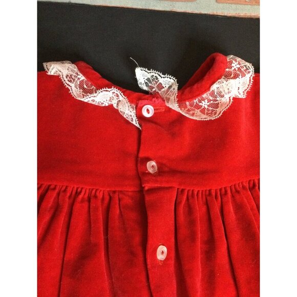 Vintage Baby Girl's Velvet Embroidered Smocked Dress Short Sleeve Red Lace Trim - Picture 5 of 8